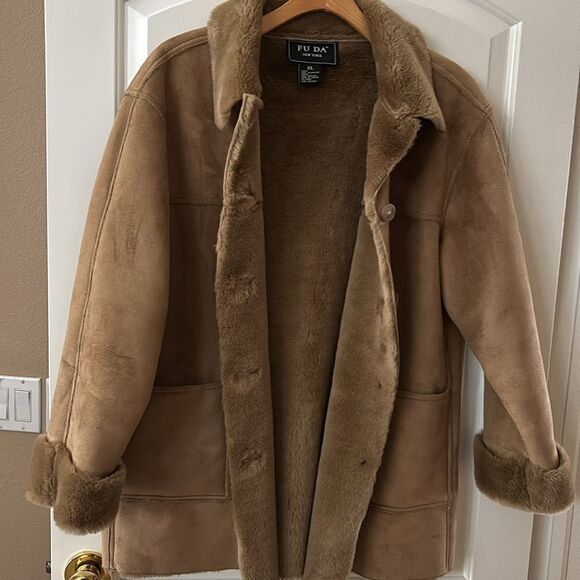 Brown Fur Coat Faux Suede Shearling Jacket women’s XL Penny Lane Y2K vintage - Picture 3 of 8